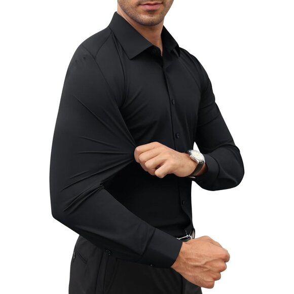 Men's Black Long Sleeve Slim Muscle Fit Wrinkle Free Button Down Dress Shirts - Picture 2 of 9